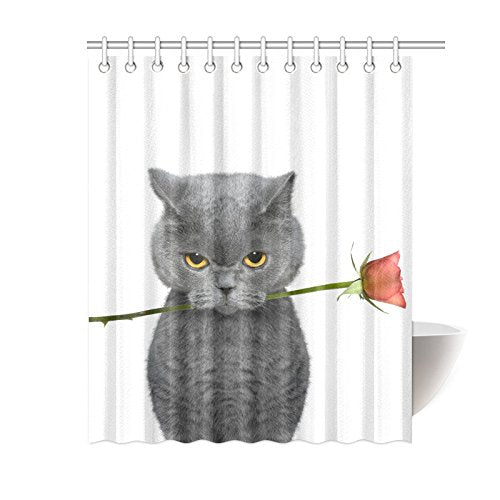 Funny Animal Home Bath Decor, Cat Rose Polyester Fabric Shower Curtain Bathroom Sets