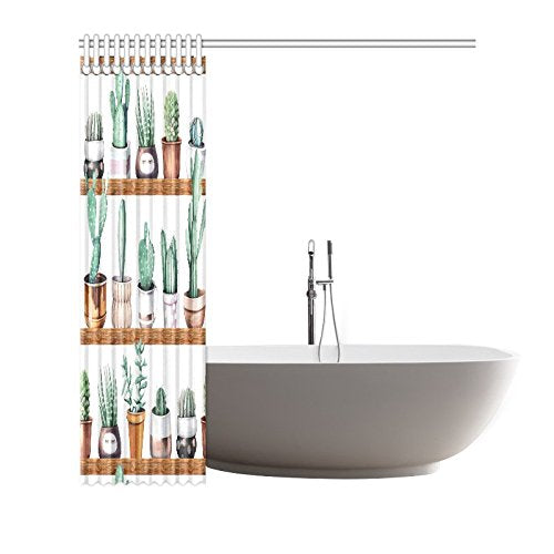 Floral Home Decor, Cactus Plants Art Waterproof Polyester Fabric Shower Curtain Bathroom Sets with Hooks