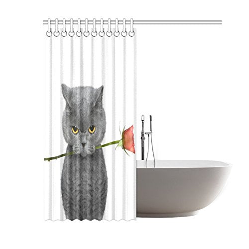 Funny Animal Home Bath Decor, Cat Rose Polyester Fabric Shower Curtain Bathroom Sets