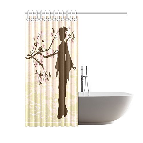 Japanese Home Bath Decor, Asian Women Cherry Blossoms Polyester Fabric Shower Curtain Bathroom Sets