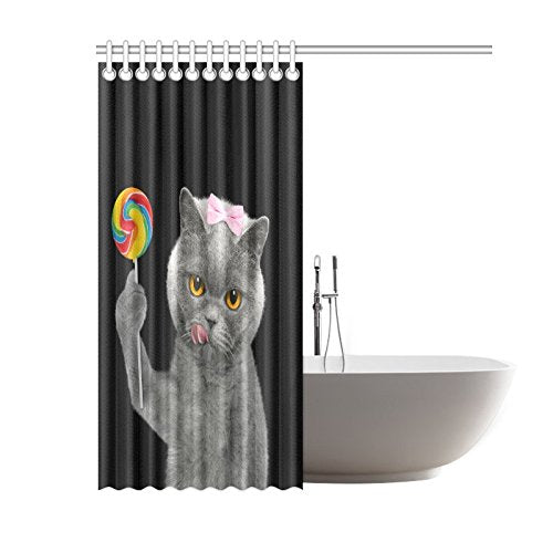 Funny Animal Home Bath Decor, Grey Cat Candy Lollipop Polyester Fabric Shower Curtain Bathroom Sets