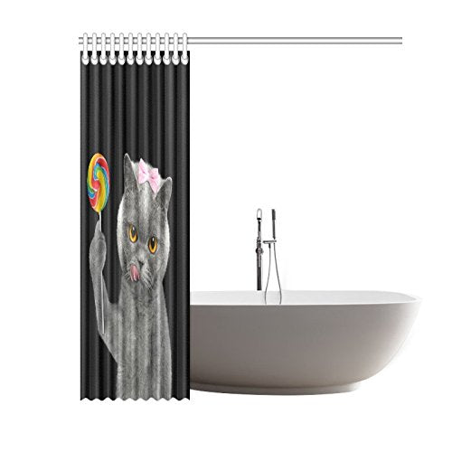 Funny Animal Home Bath Decor, Grey Cat Candy Lollipop Polyester Fabric Shower Curtain Bathroom Sets