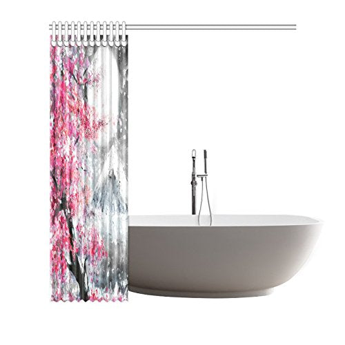 Landscape with Cherry Blossom Sakura and Mountain Decorative Bathroom Shower Curtain Set with Rings