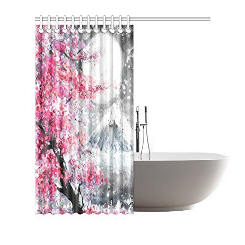 Landscape with Cherry Blossom Sakura and Mountain Decorative Bathroom Shower Curtain Set with Rings