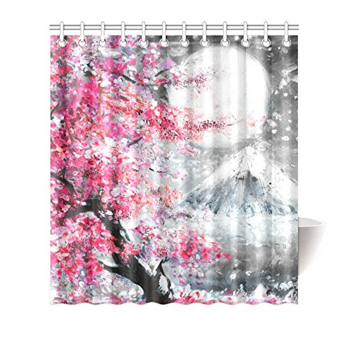 Landscape with Cherry Blossom Sakura and Mountain Decorative Bathroom Shower Curtain Set with Rings