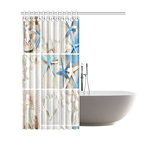 Seashell Home Decor, Sand Starfish Blue Wooden Back Polyester Fabric Shower Curtain Bathroom Sets 72 X 72 inches