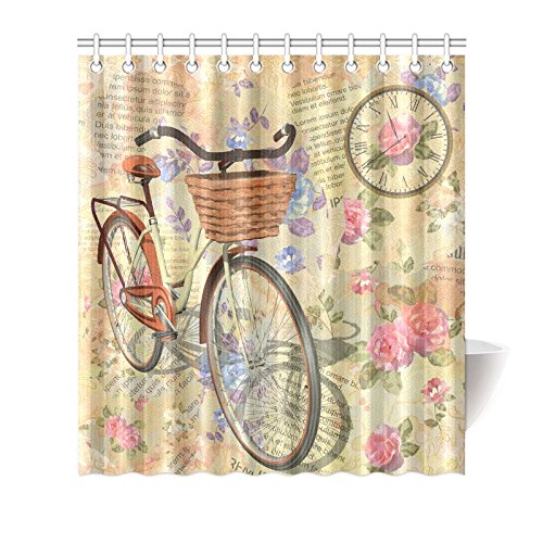 Vintage Newspaper Floral Roses Clock and Bicycle Decor Waterproof Polyester Bathroom Shower Curtain Bath with Hooks