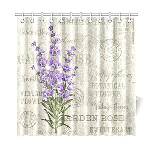 Floral Waterproof Shower Curtain Decor, Elegant Postcard Lavender Flowers Vintage Floral Fabric Bathroom Set with Hooks