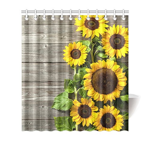 Floral Home Decor, Autumn Sunflowers Wood Pattern Waterproof Polyester Bathroom Shower Curtain Bath With Hooks