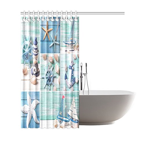 Seashell Home Decor, Sand Starfish Blue Wooden Back Polyester Fabric Shower Curtain Bathroom Sets 72 X 72 inches