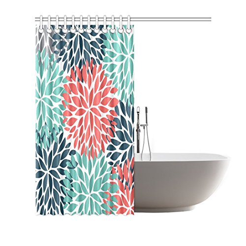 Dahlia Pinnata Flower Teal Coral Gray Waterproof Shower Curtain Decor Fabric Bathroom Set with Hooks