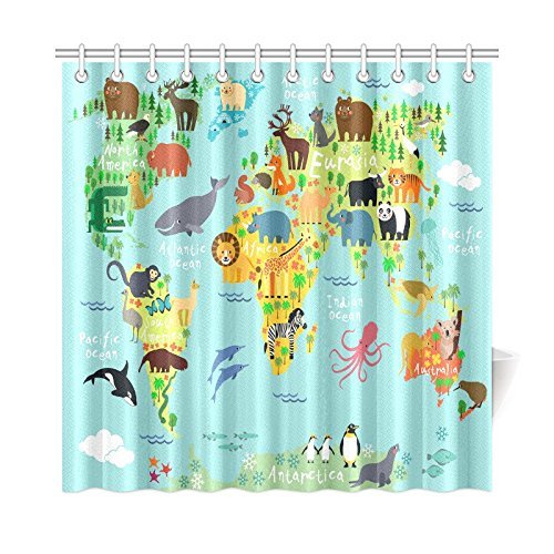 Children Kids Shower Curtain Decor, Animal Map of the World for Children and Kids Cartoon Ocean Mountains Forests Fabric Bathroom Set with Hooks,  Green Yellow Blue