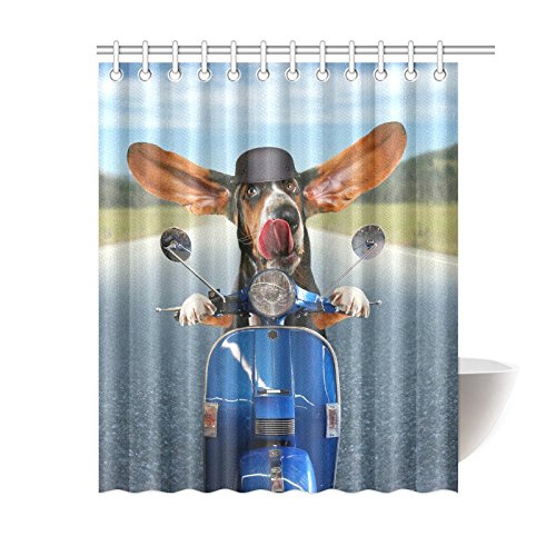 Funny Animal Home Bath Decor, Dog Riding a Scooter Polyester Fabric Shower Curtain Bathroom Sets