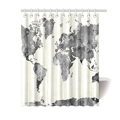 Grey Globe Art Home Bath Decor, World Map Polyester Fabric Shower Curtain Bathroom Sets