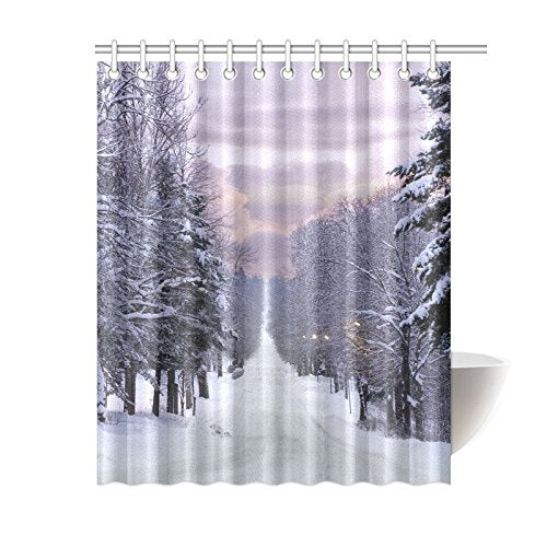 Winter Landscape Home Bath Decor, Snow Forest Tree Polyester Fabric Shower Curtain Bathroom Sets