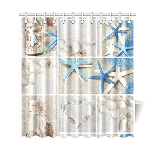 Seashell Home Decor, Sand Starfish Blue Wooden Back Polyester Fabric Shower Curtain Bathroom Sets 72 X 72 inches