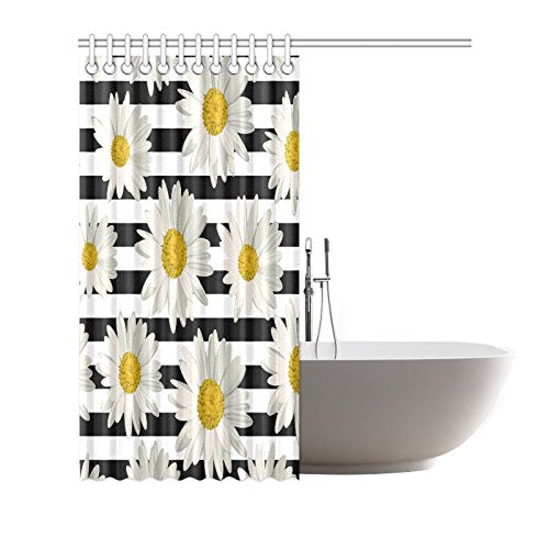 Abstract White Daisy Daisies on Striped Waterproof Shower Curtain Decor, Floral Fabric Bathroom Set with Hooks