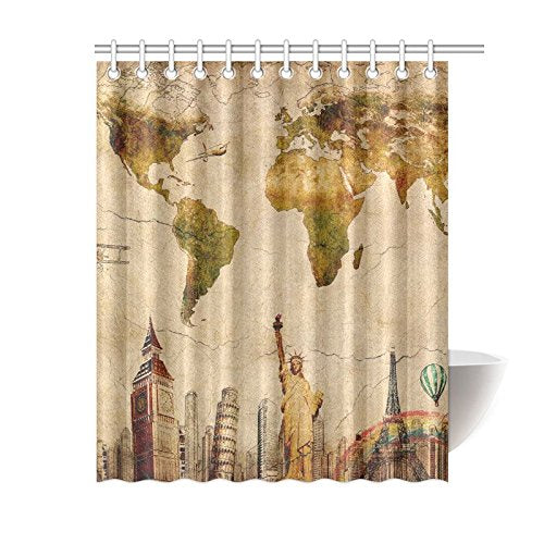 Vintage World Map Home Decor, City Landmark World Travel Polyester Fabric Shower Curtain Bathroom Sets