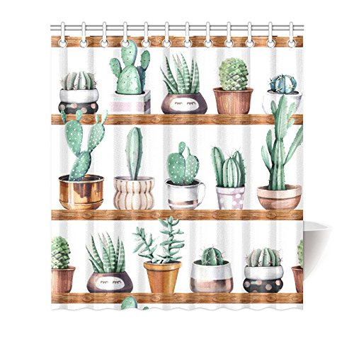 Floral Home Decor, Cactus Plants Art Waterproof Polyester Fabric Shower Curtain Bathroom Sets with Hooks