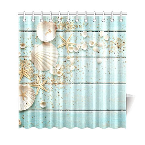 Seashell Home Decor, Sand Starfish Blue Wooden Back Polyester Fabric Shower Curtain Bathroom Sets 72 X 72 inches