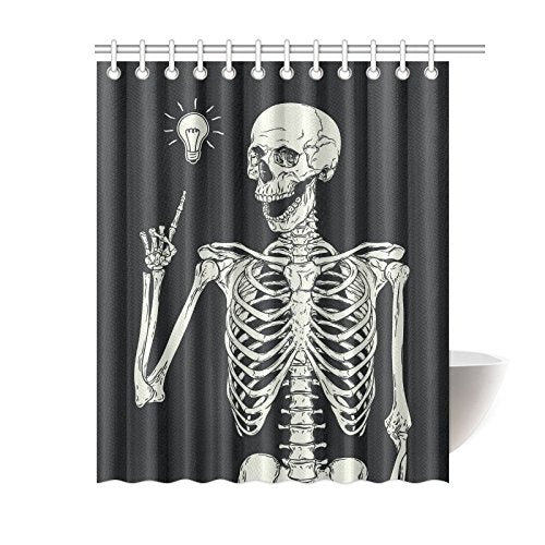 Black and White Home Bath Decor, Human Skeleton Skull Polyester Fabric Shower Curtain Bathroom Sets