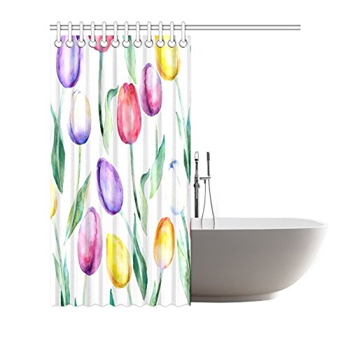 Floral Home Decor, Floral Spring Flower Tulips Waterproof Polyester Bathroom Shower Curtain Bath with Hooks