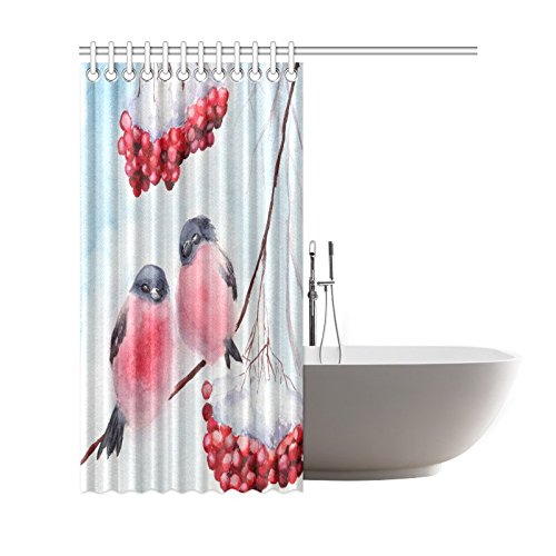 Winter Season Home Bath Decor, Lovely Birds Tree Branches Polyester Fabric Shower Curtain Bathroom Sets