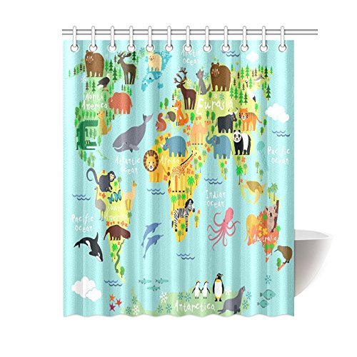 Children Kids Shower Curtain Decor, Animal Map of the World for Children and Kids Cartoon Ocean Mountains Forests Fabric Bathroom Set with Hooks,  Green Yellow Blue