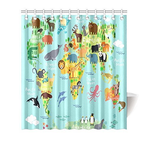 Children Kids Shower Curtain Decor, Animal Map of the World for Children and Kids Cartoon Ocean Mountains Forests Fabric Bathroom Set with Hooks,  Green Yellow Blue