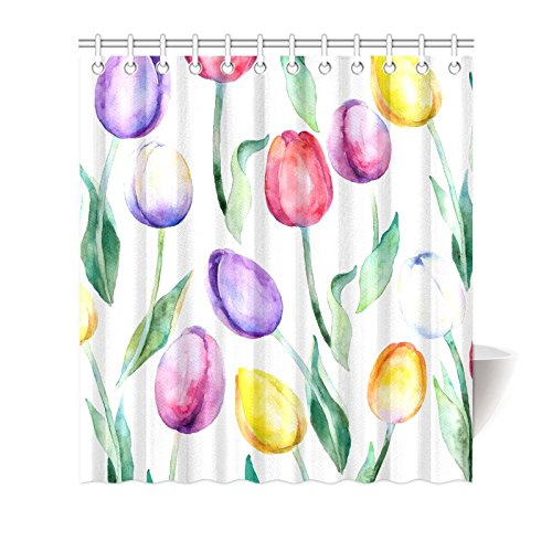 Floral Home Decor, Floral Spring Flower Tulips Waterproof Polyester Bathroom Shower Curtain Bath with Hooks