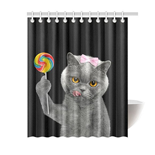 Funny Animal Home Bath Decor, Grey Cat Candy Lollipop Polyester Fabric Shower Curtain Bathroom Sets