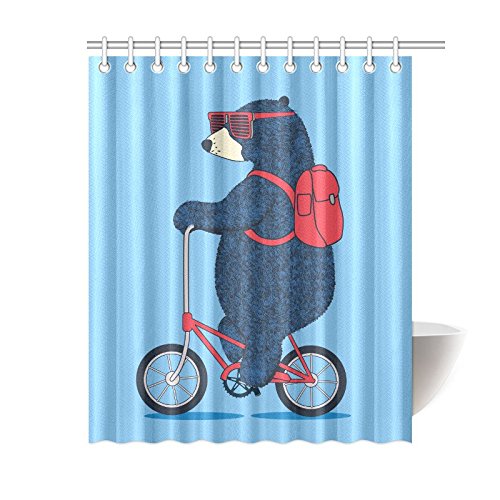 Funny Animal Home Bath Decor, Bear Rinding Bike Polyester Fabric Shower Curtain Bathroom Sets