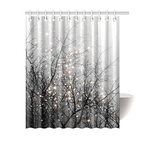 Fashion Mystical Magical Tree Home Decor, Beautiful Black Tree Branch with Snowflake Polyester Fabric Shower Curtain With Hooks Black Grey