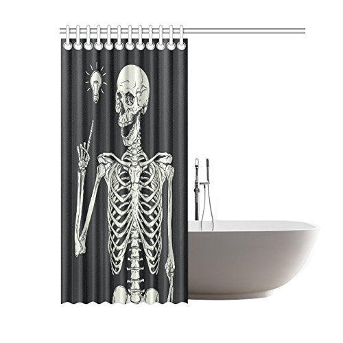 Black and White Home Bath Decor, Human Skeleton Skull Polyester Fabric Shower Curtain Bathroom Sets