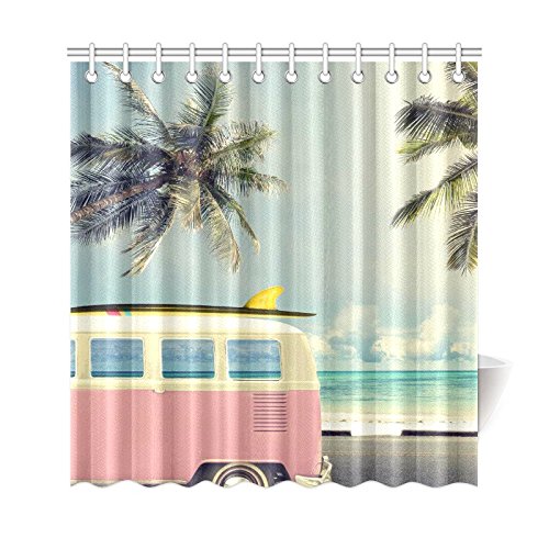 Tropical Beach Home Bath Decor, Vintage Car Palm Tree Polyester Fabric Shower Curtain Bathroom Sets