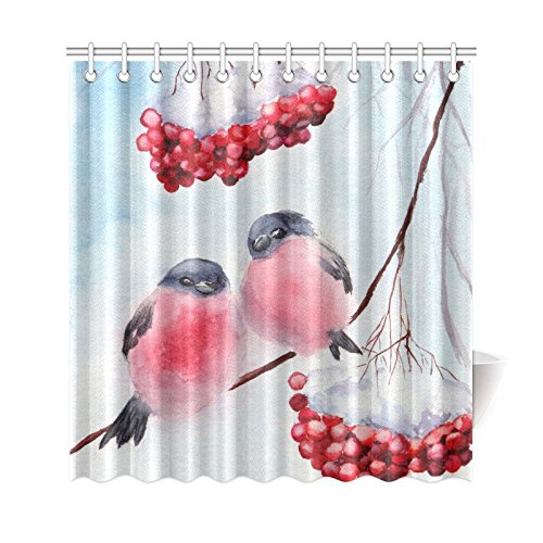 Winter Season Home Bath Decor, Lovely Birds Tree Branches Polyester Fabric Shower Curtain Bathroom Sets