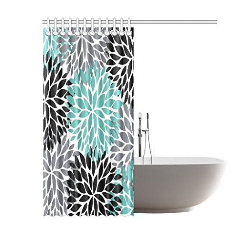 Dahlia Pinnata Flower Teal Black Gray House Decor Shower Curtain for Bathroom Decorative Bathroom Shower Curtain Set with Rings