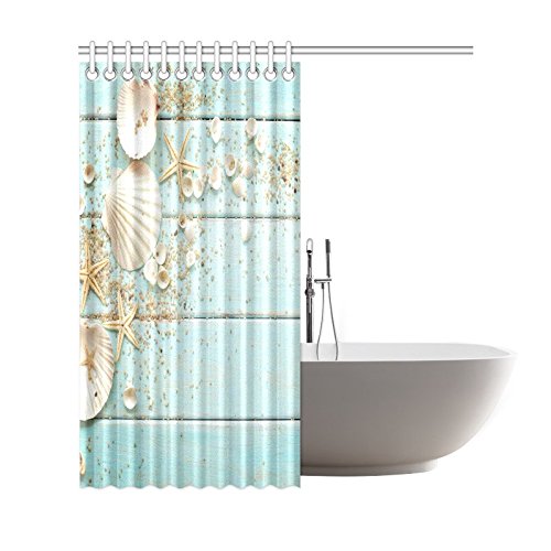 Seashell Home Decor, Sand Starfish Blue Wooden Back Polyester Fabric Shower Curtain Bathroom Sets 72 X 72 inches