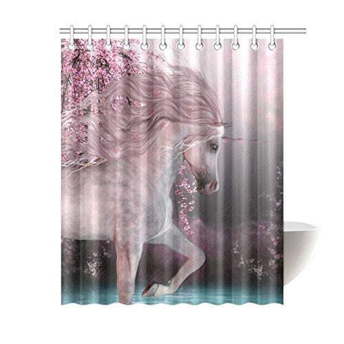 Fantasy Cherry Blossoms Home Bath Decor, Unicorn Polyester Fabric Shower Curtain Bathroom Sets