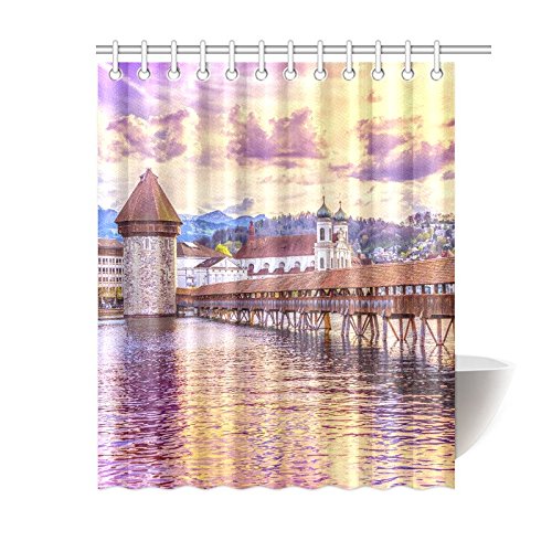 Cityscape Vintage Home Bath Decor, Wooden Chapel Bridge Polyester Fabric Shower Curtain Bathroom Sets