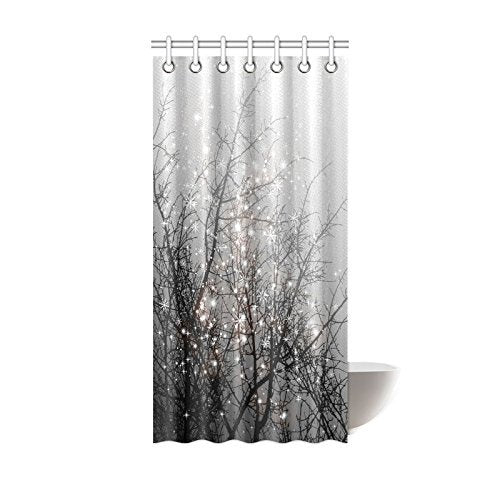 Fashion Mystical Magical Tree Home Decor, Beautiful Black Tree Branch with Snowflake Polyester Fabric Shower Curtain With Hooks Black Grey