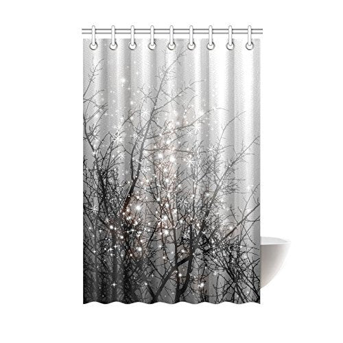 Fashion Mystical Magical Tree Home Decor, Beautiful Black Tree Branch with Snowflake Polyester Fabric Shower Curtain With Hooks Black Grey