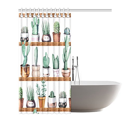 Floral Home Decor, Cactus Plants Art Waterproof Polyester Fabric Shower Curtain Bathroom Sets with Hooks