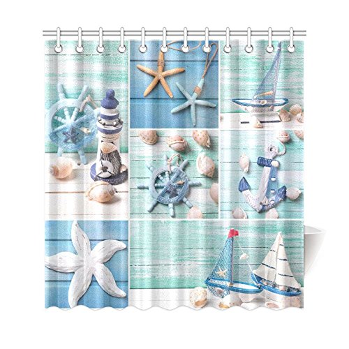 Seashell Home Decor, Sand Starfish Blue Wooden Back Polyester Fabric Shower Curtain Bathroom Sets 72 X 72 inches