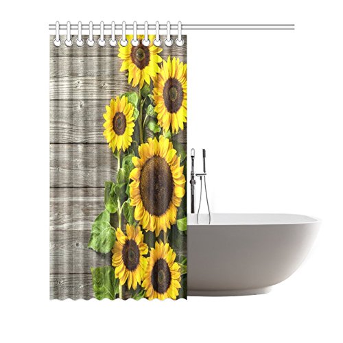 Floral Home Decor, Autumn Sunflowers Wood Pattern Waterproof Polyester Bathroom Shower Curtain Bath With Hooks