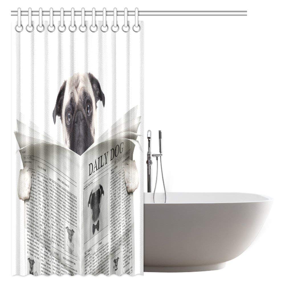 Dog Lover Decor Shower Curtain, Hipster Funny Pug Dog Looking Daily Dog Newspaper Fabric Bathroom Set with Hooks, 72 X 72 Inches