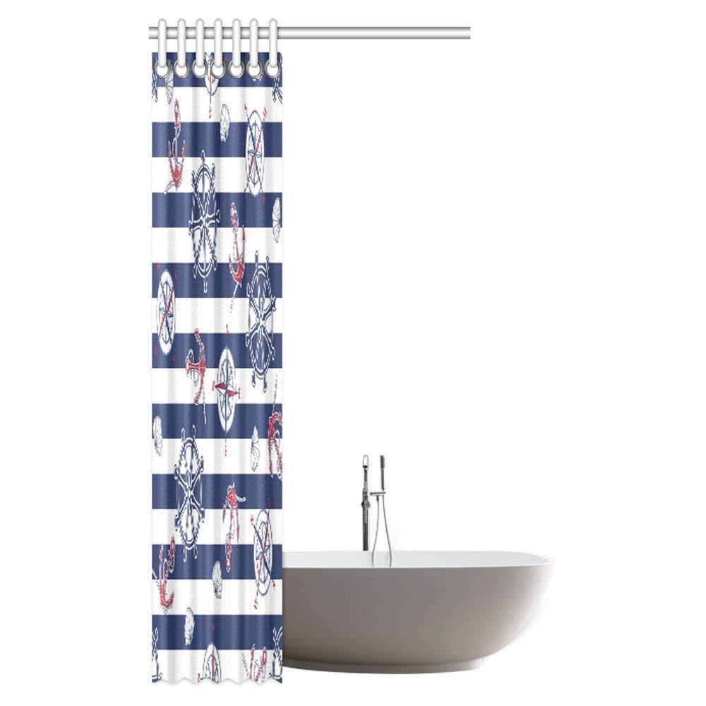 Nautical Decor Shower Curtain Set, Patchwork Themed Different Sea Icons in Striped Setting Navigation Yachting Decorative Bathroom Shower Curtain Set with Hooks