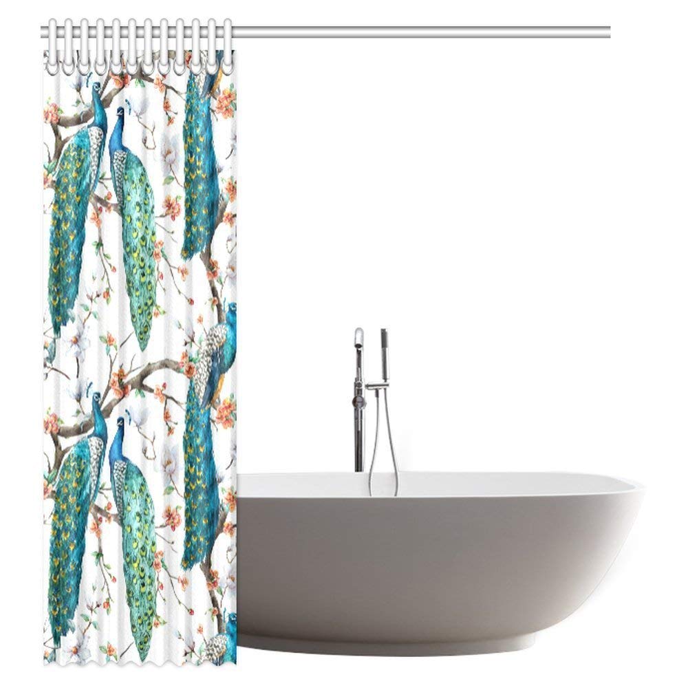 Peacock Decor Collection, Abstract Peacocks on Blossom Tree Branch Ornate Fabric Bathroom Shower Curtain Set with Hooks