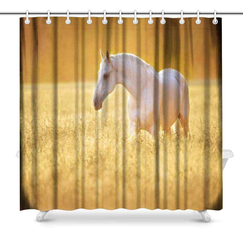 White Orlov Trotter Horse in Rye Golden Sunset Art Digital Print Polyester Fabric Shower Curtain, 72 x 72 Inches