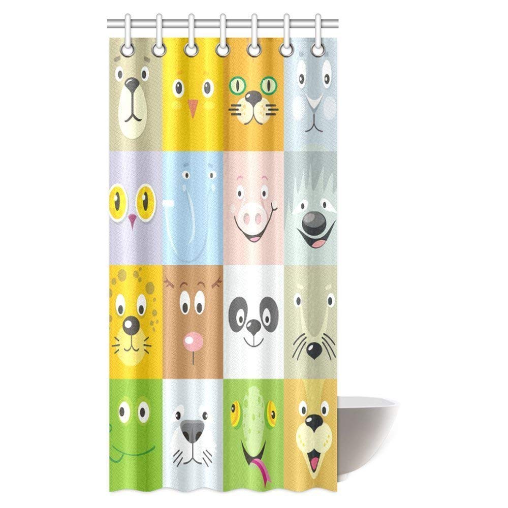 Childish Kids Nursery Theme Decor Shower Curtain, Set of Color Animal Faces Mammals and Birds Heads Cartoon Shower Curtain Bathroom Decor with Hooks